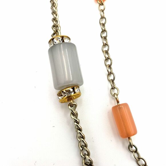 Gold Tone Satellite Cylinder Bead Necklace Blue Pink Green Gray Double Chain - Picture 9 of 12